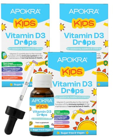 Vitamin-D-Tropfen Baby & Kinder – 3er Pack (180 Tage Vorrat) – Vegan – Ohne Konservierungsstoffe & Zuckerfrei – 400 I.E. Vitamin D3 in MCT-Öl – 10 µg pro 0,5 ml – 30 ml x 3 | APOKRA