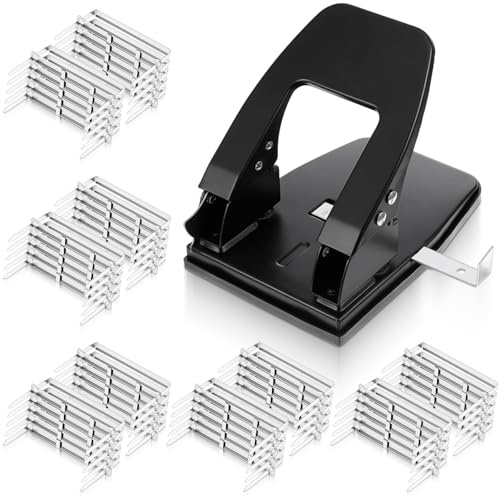 2 Hole Punch with 150 Paper Fasteners, Heavy Duty Paper Two-Hole Puncher, Professional Two Hole Punch for Papers File Folder, 30 Sheets Capacity, Padded Handle, Black