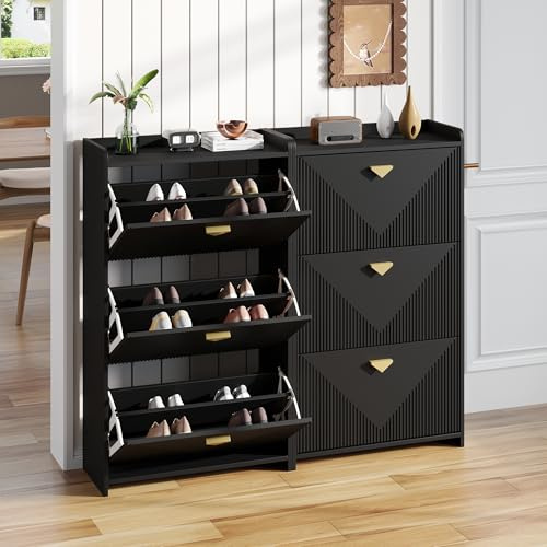 ZKLOEP Scarpiera 140 x 30 x 120 cm, set da 2 pezzi con 6 ante inferiori, credenza, mobile soggiorno, MDF, nero, design a vuoto, larghezza cassa regolabile