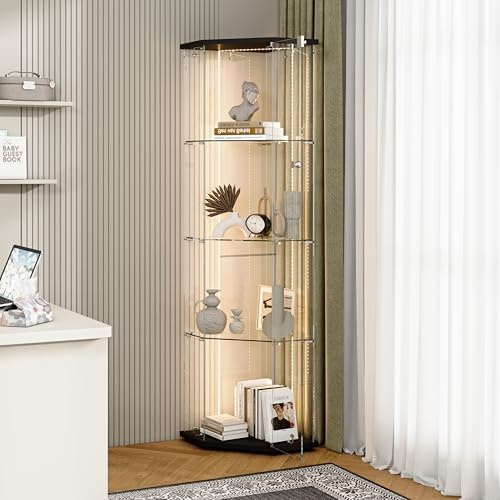 DULRLLY Glasvitrine Stehend mit LED Beleuchtung für Sammlung, Eckvitrine in Schwarz mit Schloss, Modern Sammlervitrine mit Verstellbaren Glasregal & 1 TüR für Wohnzimmer Schlafzimmer Büro,162x60x42cm