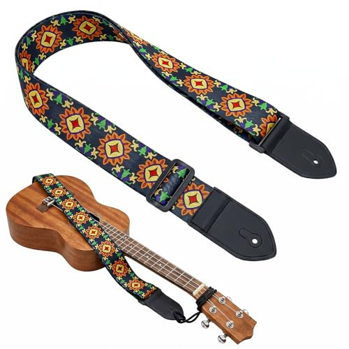 HX-pyahgtv Gitarrengurt 1 Stück,Ukulele Gurt Verstellbarer Ukulelen-Schultergurt aus Nylon und Leder Sonnenblumen-Stickerei für Bass Elektro Akustik mit 3 Gitarrenplektren