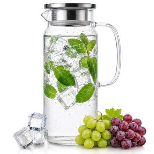 Jarra de Agua Cristal 1,2L con Tapa de Acero Inoxidable. Jarra de Agua en Vidrio Borosilicato Resistente al Calor, Botella Cristal Reutilizable, Vida Saludable. (1,2 Litros)