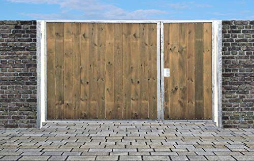 SRM Design Einfahrtstor Sas Tor Holztor Gartentor Hoftor Verzinkt mit Pfosten & Holzfüllung Senkrecht 2-flügelig 300 cm x 180 cm