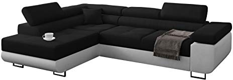Ecksofa Miami mit Schlaffunktion, Eckcouch mit Bettkasten, L Form Couch, Ecksofa mit Bettkasten, Sofagarnitur mit Schalffunktion, Ottomane Links (Schwarz + Weißer Kunstleder -EKO)