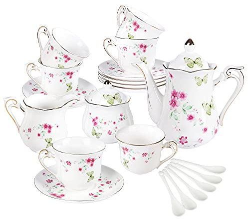 fanquare 15 Stück Blume und Schmetterling Porzellan Tee sets, Keramik Teeservice für 6 Personen, Hübsches Nachmittags Kaffeeset