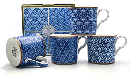 heritage FINE Bone China Set of 4 Mugs Gift Boxed Moroccan Blue Mugs Free UK DELIVERY