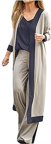 Masrin 3 teiliges Set für Damen Homewear Kontrastfarbenes Patchwork Pyjama Outfit Weiche Weste + Hose mit hohem Bund + Langarm Cardigan Bequemer Nachtwäscheanzug