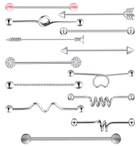 Happyyami 13pcs Industrial Piercing Bars Industrial Scaffold Piercing Bars Barbell Earrings,Stainless Steel Silver 3.8x0.16cm