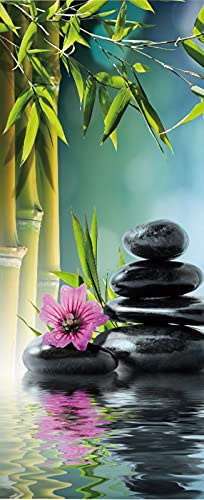 A.Monamour Türtapete Selbstklebend Türfolie Türposter 3D Rosa Blume Schwarze Spa Steine ​​Und Bambus Auf Dem Wasser Zen Vinyl Folie Türdeko Tapete Wandbild Türaufkleber Türtattoo 85 x 200 cm