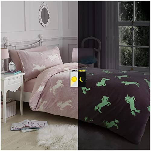 GC GAVENO CAVAILIA Set di biancheria da letto con copripiumino e federa, super morbido, in pile, in poliestere, con unicorno che si illumina al buio, per letto singolo