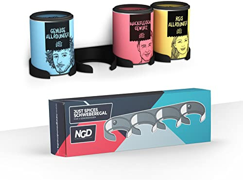 NewGround Designs Gewürzregal für Just Spices - zum Kleben oder Schrauben - für 4 Gewürzdosen - hängend - für Schranktür oder Wand - Schweberegal