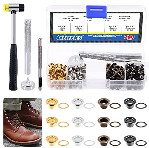 Glarks 242Pcs 4MM 4 Colors Metal Thicken Grommet Eyelets with Punch and Hammer for Canvas, Bead Cores, Tarp, Clothes