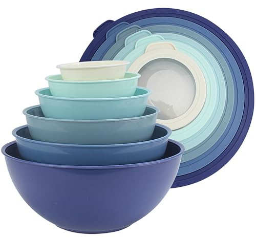 COOK WITH COLOR Mixing Bowls with TPR Lids - 12 Piece Plastic Nesting Bowls Set includes 6 Prep Bowls and 6 Lids, Microwave Safe (Blue)