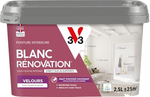 V33 Peinture blanche mur et plafond veloutée - multi-supports - monocouche - BLANC RENOVATION®, 2,5L | Sous-Couche Intégrée, Direct sur 20 Supports, Haut Pouvoir Couvrant, Application Facile & Rapide