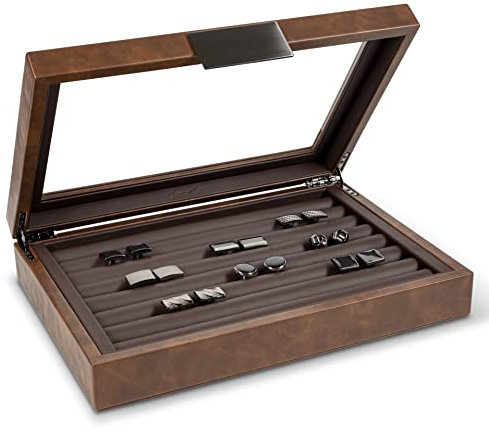 Glenor Co Manschettenknöpfe, für Herren, für 70 Manschettenknöpfe, luxuriöses Schmuckkästchen, Metallschnallenhalter, große Glasplatte, PU-Leder, Braun