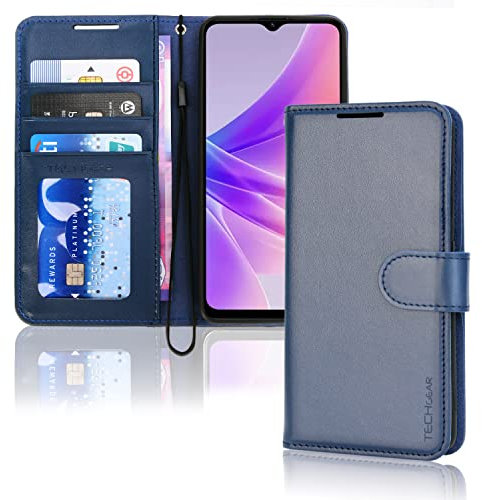 TECHGEAR Leather Wallet Case for Oppo A57 5G / A77 5G, Flip Protective Case Cover with Wallet Card Holder, Stand & Wrist Strap - Blue PU Leather with Magnetic Closure