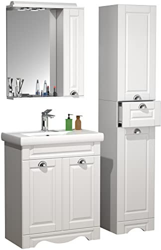VCM 4-TLG. Waschplatz Waschtisch Breite 60 cm Badmöbel Set Waschbecken Spiegelschrank Hochschrank Schublade Landhaus Casalo L