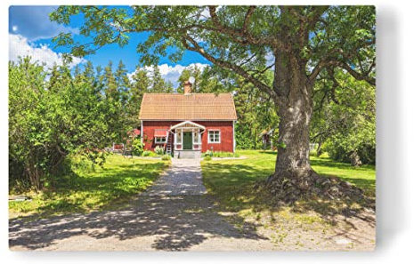artboxONE Leinwand 120x80 cm Natur Rotes Holzhaus mit Baum von Rico Ködder