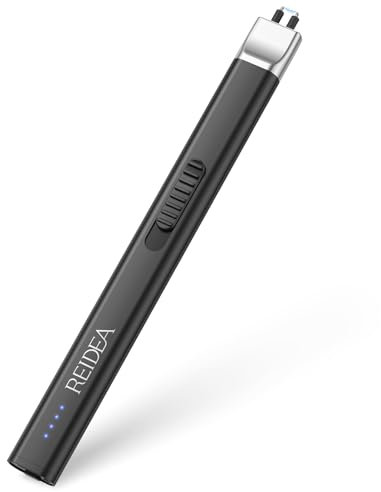 REIDEA Electric Flat Candle Lighter, Windproof Arc Lighter with Safe Button and Power Indicator for Candle, BBQ and Fireworks, Obsidian Black