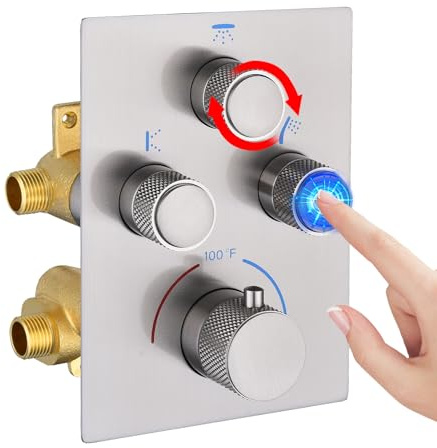 NPYSVSSS Modern Push Button 3 Way Thermostatic Shower Valve, Concealed 3 Outlet Multi Function Brass Mixer Shower Diverter Valve Kit Can Control Flow and On-Off Simultaneously, Brushed Nickel