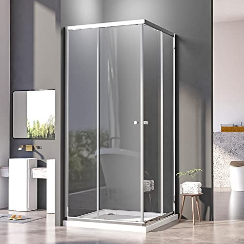 Duschkabine 90x90cm Eckeinstieg mit Schiebetüren,Doppel Schiebetür Duschabtrennung 6mm ESG Glas Duschabtrennung Silber,Über Einer Duschwanne Oder Fliesen Montiert,Höhe 185cm(Ohne Duschtasse)