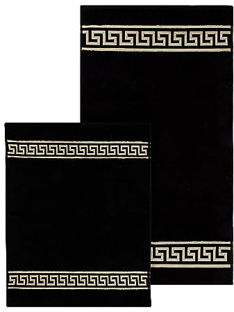 Badematte Badezimmerteppich Badteppich Duschmatte Badvorleger Set 2 teilig griechisches Mäander Muster in Schwarz Gold mit Noppen - 100% Baumwolle rutschfest waschbar Fussbodenheizung - 2er Set