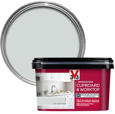 V33 Renovation Cupboard & Worktop Paint, Soft Grey Satin, 2L | No undercoat needed, Extreme resistance to knocks, scratches, water, heat & stains, Suitable for kitchen cabinets & worktops