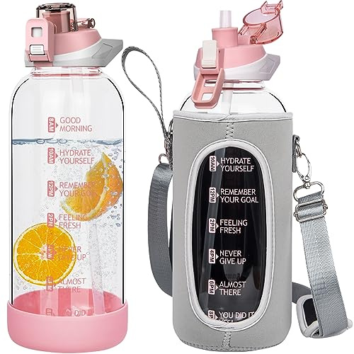 Seekua 1.5 liter Sport Trinkflasche Glas Flasche mit Strohhalm & Zeitmarkierung auslaufsicher bpa frei 1.5l Große Wasserflasche Motivation mit Schutzhülle für Smoothie, Früchte Kohlensäure geeignet
