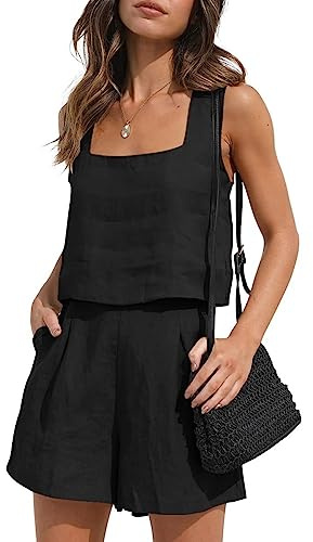 RPAEOY Conjunto Deportivo Mujer De Lino 2 Piezas Cuello Cuadrado Sin Mangas Pantalones Cortos y Crop Top Casual Lounge Ropa Verano para Hogar Calle Viaje Vacación Negro M