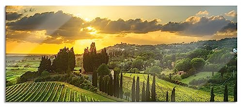 Pixxprint Glasbild Panorama, Wandbild aus Echtglas, Malerische Weinberge in der Toskana, 100x40 cm, inkl. Aufhängung und Abstandshalter