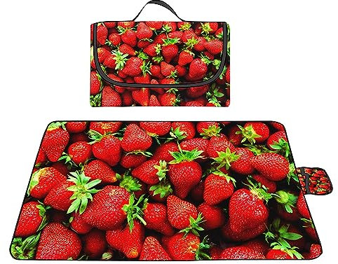 Picknickdecke 150x150cm,XXL Picknickdecke mit Wasserdichter Unterseite,Outdoor Stranddecke Sandfrei,mit Tragegriff Faltbare Picnic Blanket für Camping,Strand,Park,Familie,Konzerte Rote Erdbeere