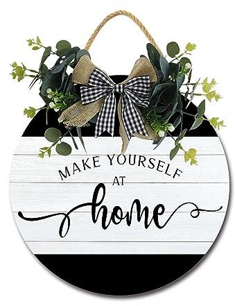 Schild mit Aufschrift Make Yourself At Home, für Haustür, Veranda, rund, rustikal, Holz, zum Aufhängen, für Bauernhaus, Veranda, Outdoor, Zuhause, Urlaub, Haustürschild, Dekoration