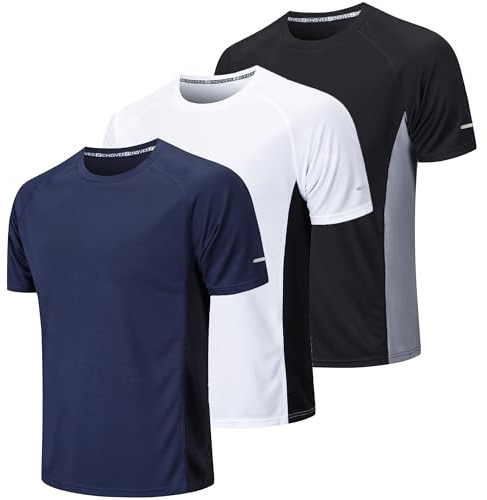 Gaiatiger 3er Pack Sport Tshirts Herren Funktionsshirt Kurzarm Herren Atmungsaktive Trainingsshirt Fitness Sport Shirt Männer Laufshirt Kurzarm,20412-Black White Navy-2XL