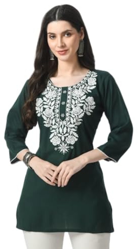 LIBOZA Lakhnavi Chikankari - Kurti da donna con ricamo, elegante top etnico a mezza kurta, tunica con design a tunica, verde, XL