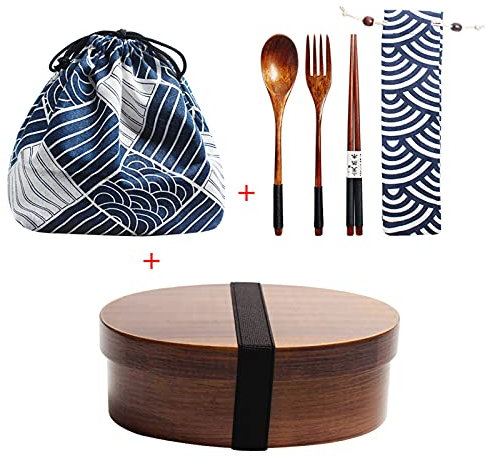 SiMbae Fiambrera Bento De Madera, Fiambrera Japonesa para Adultos Y Niños con Palillos Y Cuchara 3 Recipientes para Niños, Adultos, Escuela De Trabajo