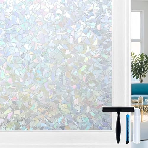 Volcanics Rainbow Window Privacy Film with Installation Tools, Decorative Stained Glass Window Film, Static Cling Heat Control Window Tinting Film Stickers, Grayish Silver, 17.5 x 78.7 inches