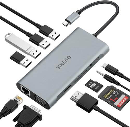 SINEHO HUB USB C Docking Station, 11 in 1 Adattatore USB C con 4K HDMI, VGA, Ethernet, 4 porte USB, SD/TF, 100W PD, Audio 3,5 mm, Compatibile con MacBook Pro/Air, Surface, DELL, HP e altri
