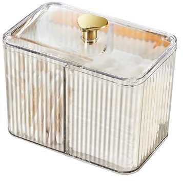 Recitem Récipient à cotons-tiges avec 3 compartiments, récipient en acrylique avec couvercle en bambou, distributeur de cotons-tiges en acrylique transparent pour cotons-tiges, bâtonnets d'oreille