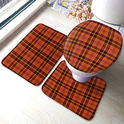 Set 3 Teilig Badvorleger Plaid Tartan Traditioneller Karierter Britischer Stoff Mit Schwarz, Rot, Gold Und Gelb Kontur Badteppich Weiche Badematte Und Wc-Vorleger-Set, Für Dusche, Wc-Sitz Bezug