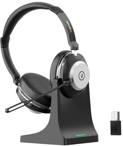 Wantek Kabelloses Headset mit Mikrofon, Bluetooth Headset mit Ladestation, Wireless Kabelloses Headphone mit Mikrofon und USB Dongle, Call Center Headphone für Computer Laptop Teams Büro Zoom Skype