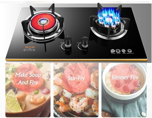 Cuisinière À Gaz Portable 2 Brûleurs Cuisinière À Gaz Panneau En Acier Inoxydable 5,2 KW, Minuterie Indépendante Double Face Dispositif De Protection Contre Les Extinctions Accidentelles(NG)