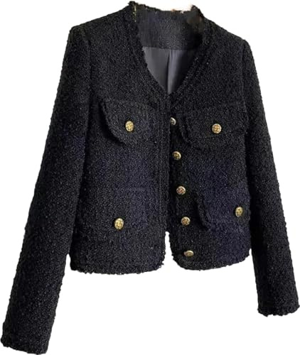 Blazer en Tweed pour Femme Revers élégant Bureau d'affaires décontracté Section Courte Cardigan Boutons à Manches Longues Veste Courte Chic Costume Court Slim à Manches Longues (Noir,L)