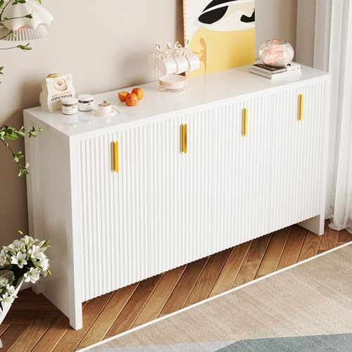Rtopsu Sideboard Küchenschrank 140x80x38 cm mit 4 Türen und 2 Verstellbare Stauraum Regal, Buffetschrank Aufbewahrungsschrank Schrank mit Goldenen Griffen für Wohnzimmer Küche Esszimmer, Weiß