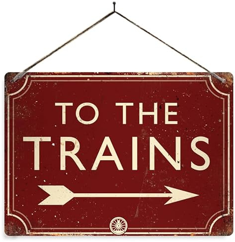 To the Trains - Dark red. Small metal sign with 2 holes and twine. Train Platform Steam Railway