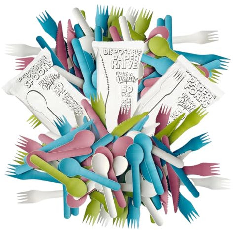 Cubiertos Desechables de Papel Azul 150 Piezas (50 Tenedores, 50 Cuchillos, 50 Cucharas) | Resistentes, Compostables y Biodegradables | Pack Grande para Fiestas, Eventos y Catering | VP VIVA PAPER