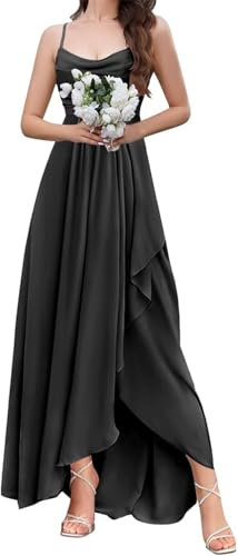 HPPEE Robe de demoiselle d'honneur en mousseline de soie avec fente froncée et col bénitier pour femme, Noir , 34