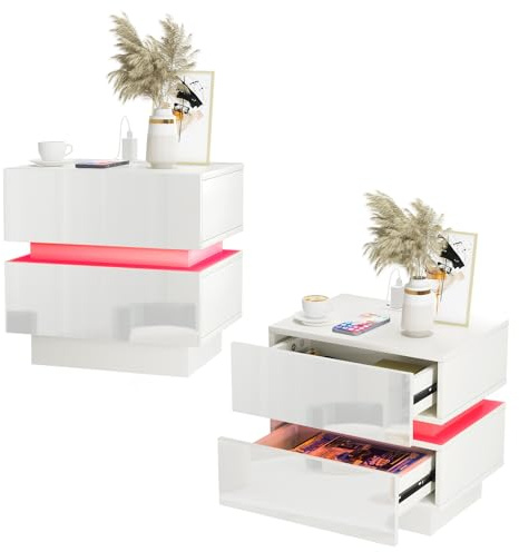 Lvhcmfohm 2er Set Nachttisch mit Steckdose, Nachtschrank mit led und ladefunktion, Nachtkommode mit 2 Schubladen (45x35x46cm, Weiß)