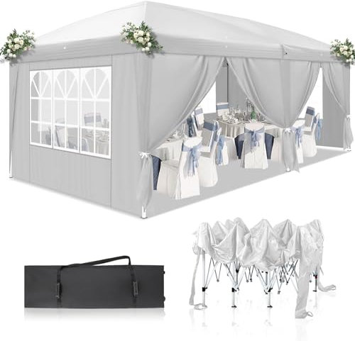 LEADZM Pavillon,Faltpavillon 3x6m,Pop-up,Wasserdicht,Winterfest,Höhenverstellbar,UV Schutz 50+,Gartenzelt,Partyzelt,Stahlrahmen,mit 6 Seitenteilen,für Garten,Party,Hochzeit,Camping,Weiß