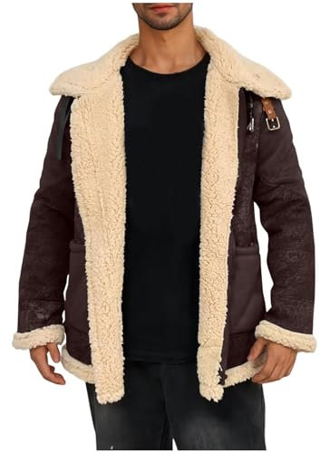 Herren Wildlederjacke Gefüttert Lammfell Jacke Teddy-Fleece Fleecejacke Lederjacke Winterjacke Bomberjacke Winter Mantel Baumwolle Übergangsjacke Blitzangebote Kaffee M