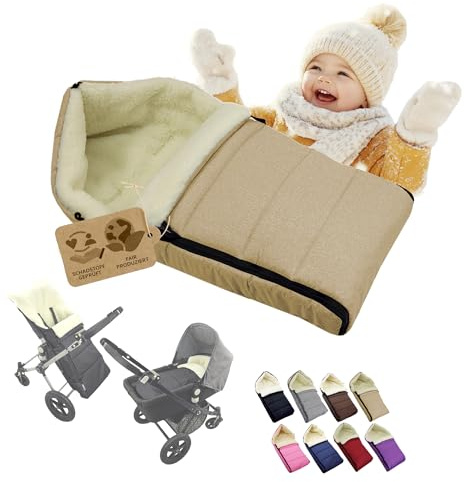 Fotsäck [vinteråkpåse för barnvagn] buggy babystol eller släde, babyåkpåse med lammull, gosig, varm, tvättbar, 90 cm (melerad beige)